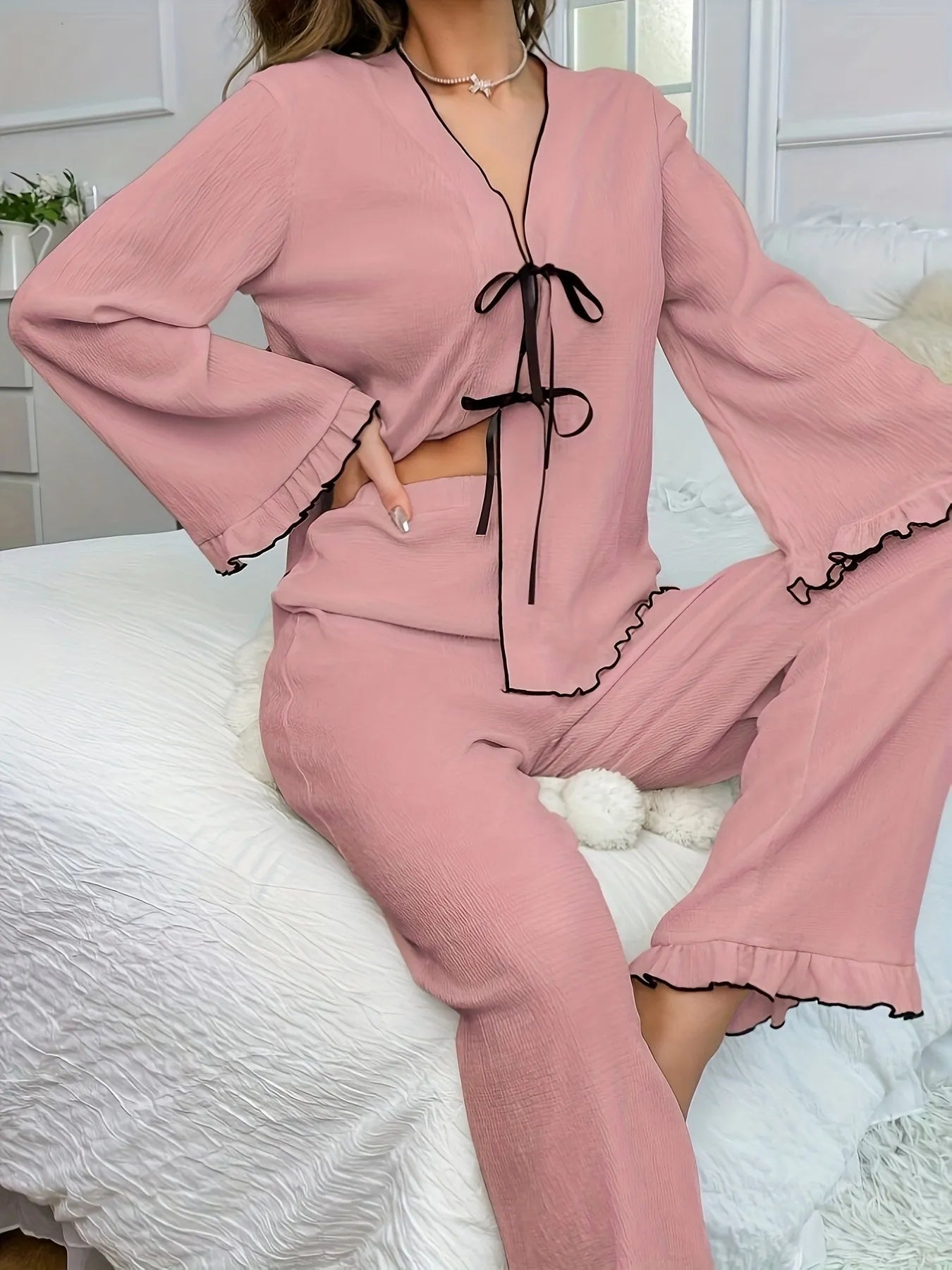 Contrast Trim Bow Tie Shirt and Pants Lounge Set Lingerie & Nightwear
