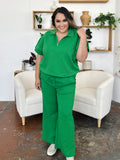 Double Take Full Size Texture Half Zip Short Sleeve Top and Pants Set 