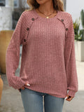 Mandy Decor Button Long Sleeve Ribbed T-Shirt 
