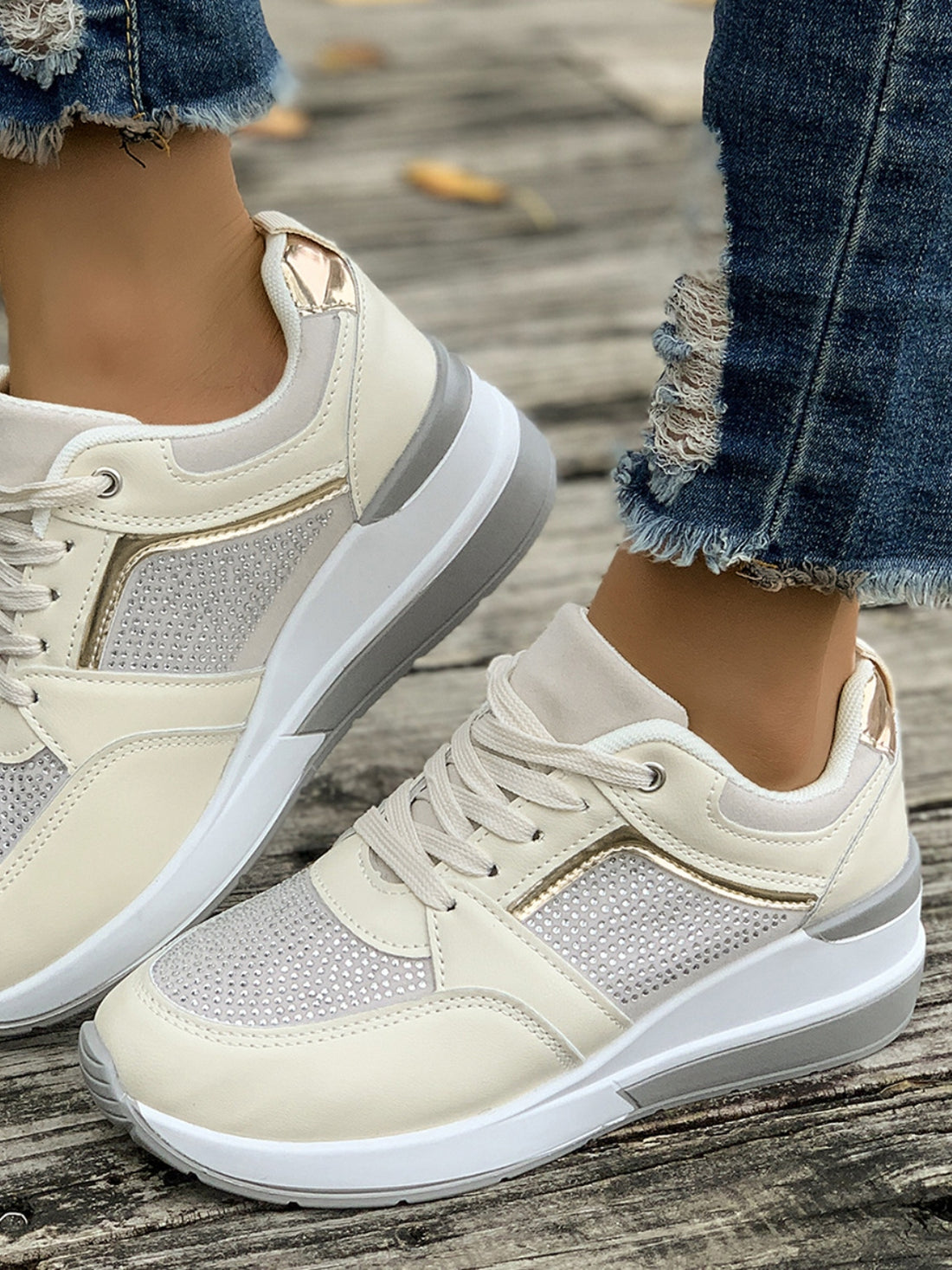 Lace-Up Rhinestone Wedge Sneakers 