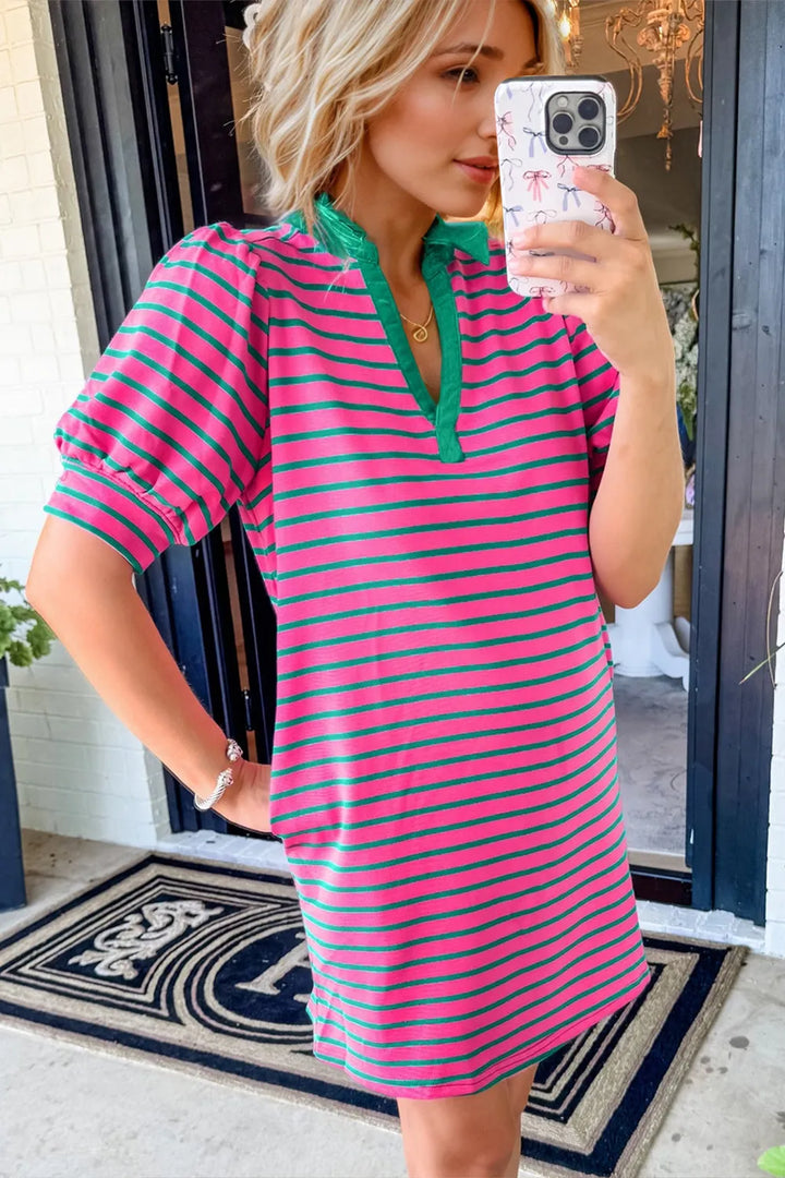 Oh Striped Johnny Collar Puff Sleeve Mini Tee Dress 
