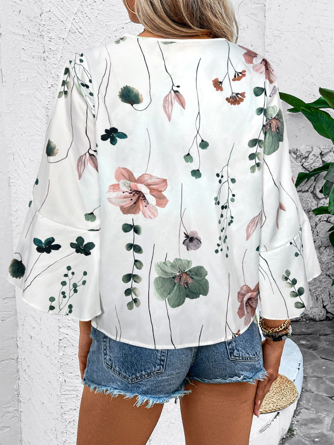 Honey Ruffled Printed V-Neck Half Sleeve Blouse 