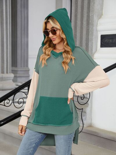 Double Take Contrast Hooded Long Sleeve Top 