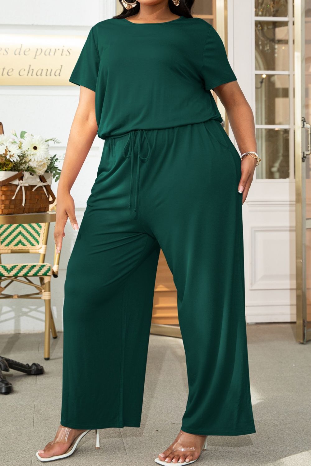 Plus Size Drawstring Waist Short Sleeve Jumpsuit 