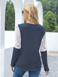 Waffle-Knit Lace Round Neck Long Sleeve T-Shirt 
