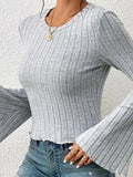 Ribbed Round Neck Flare Sleeve T-Shirt 