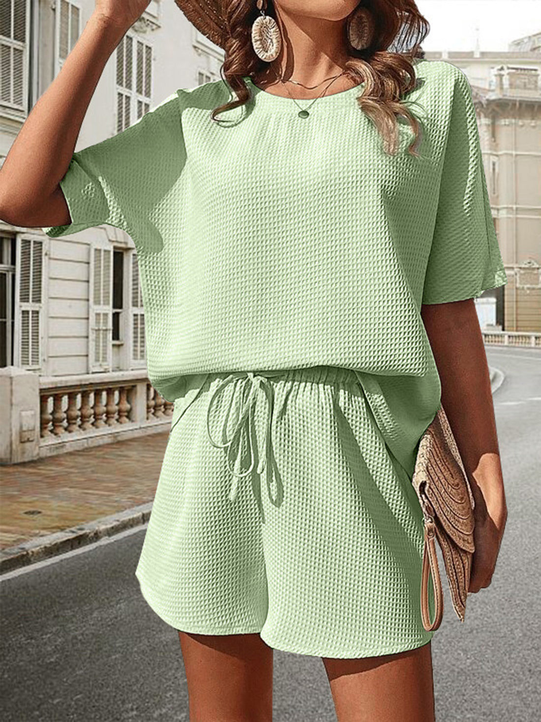 Waffle-Knit Half Sleeve Top and Shorts Set 