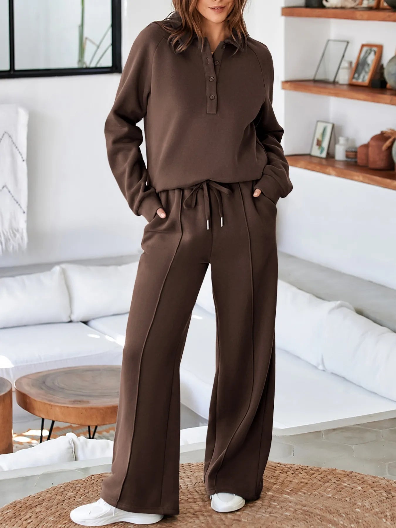 Collared Sweatshirt and High Waist Pants Active Set 
