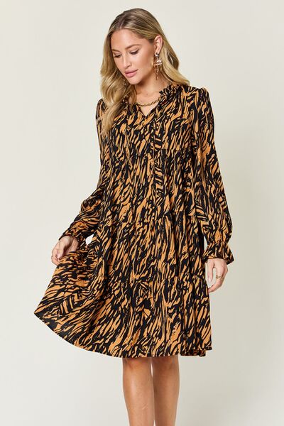 Double Take Full Size Printed Ruffle Hem Long Sleeve Dress Dresses