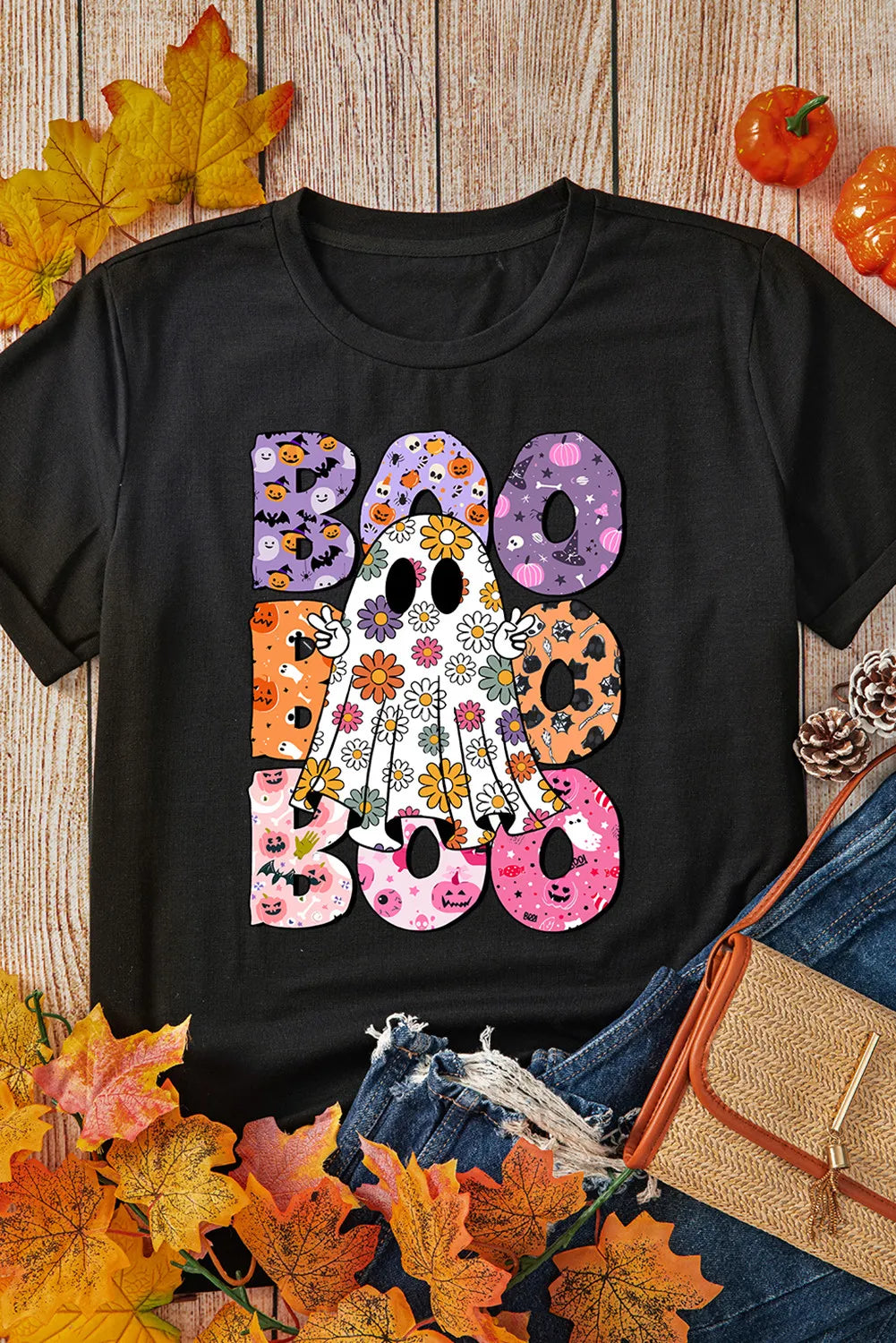 BOO Ghost Graphic Round Neck Short Sleeve T-Shirt 