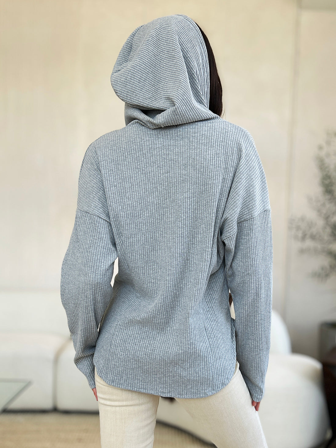 Culture Code Full Size Ribbed Zip Up Drawstring Hooded Jacket 