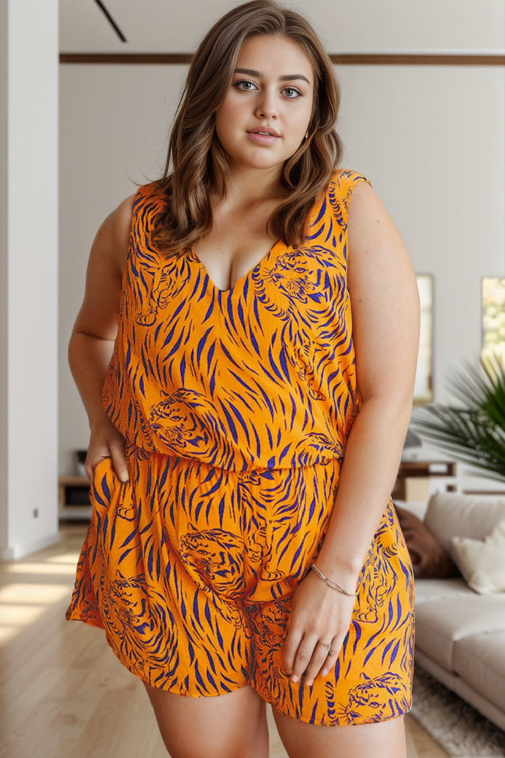 Plus Size Tiger Printed V-Neck Sleeveless Romper 