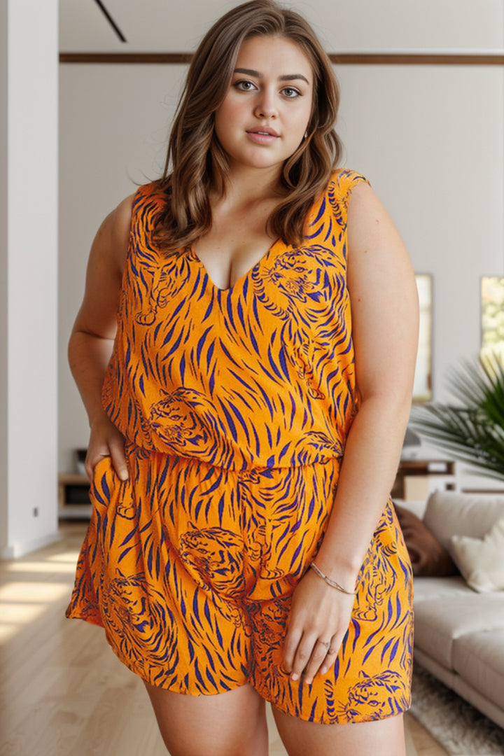 Plus Size Tiger Printed V-Neck Sleeveless Romper 