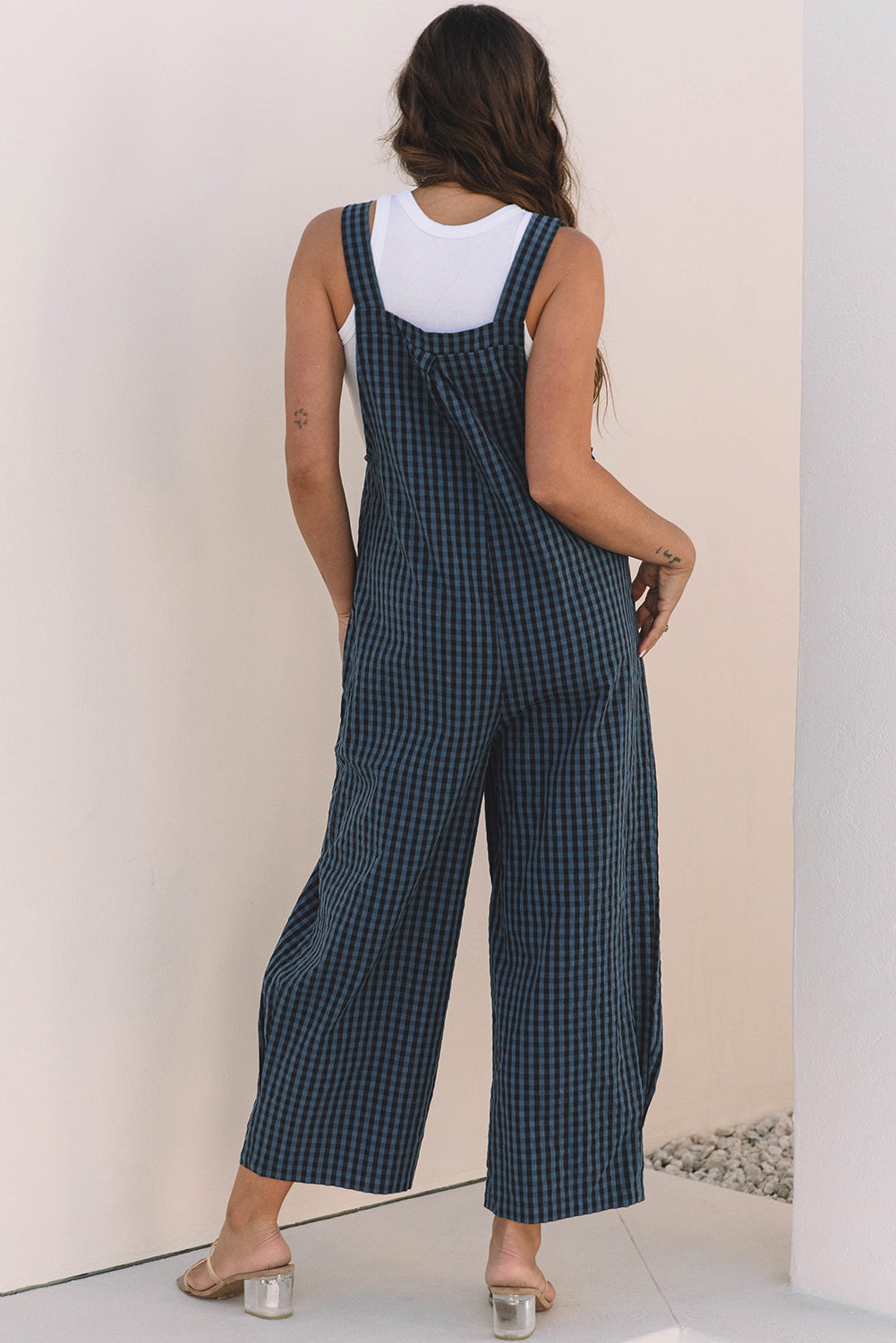 Sail Blue Plaid Print Buttoned Pocketed High Waist Overall Bottoms/Jumpsuits & Rompers