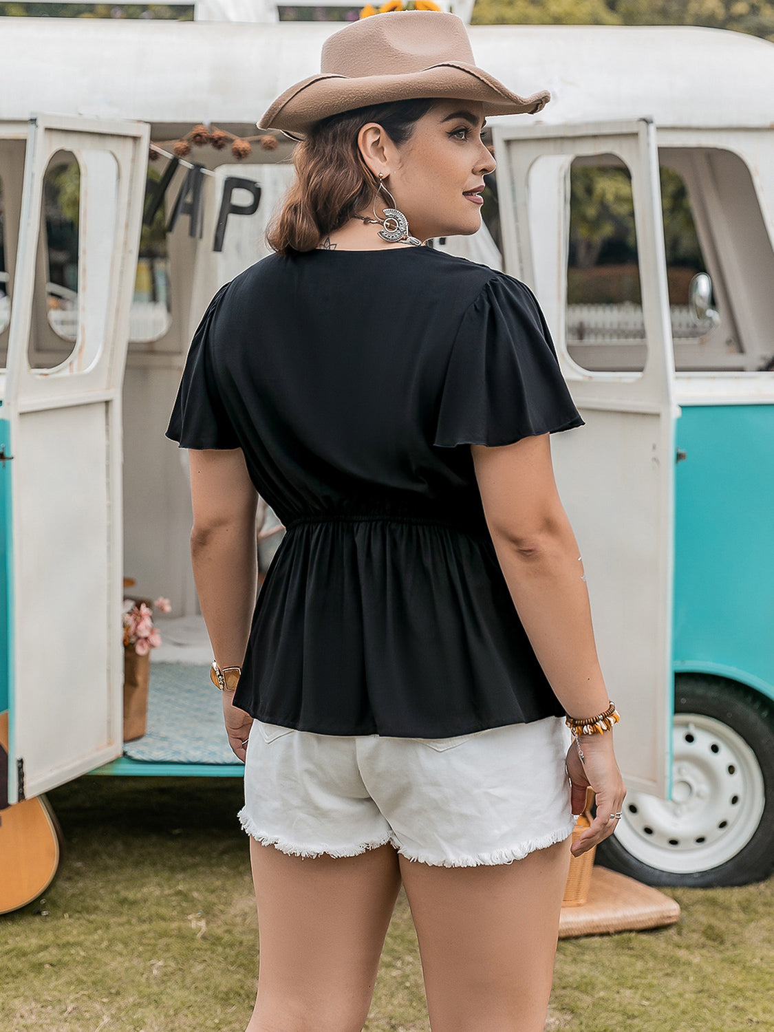 Plus Size V-Neck Flutter Sleeve Blouse 