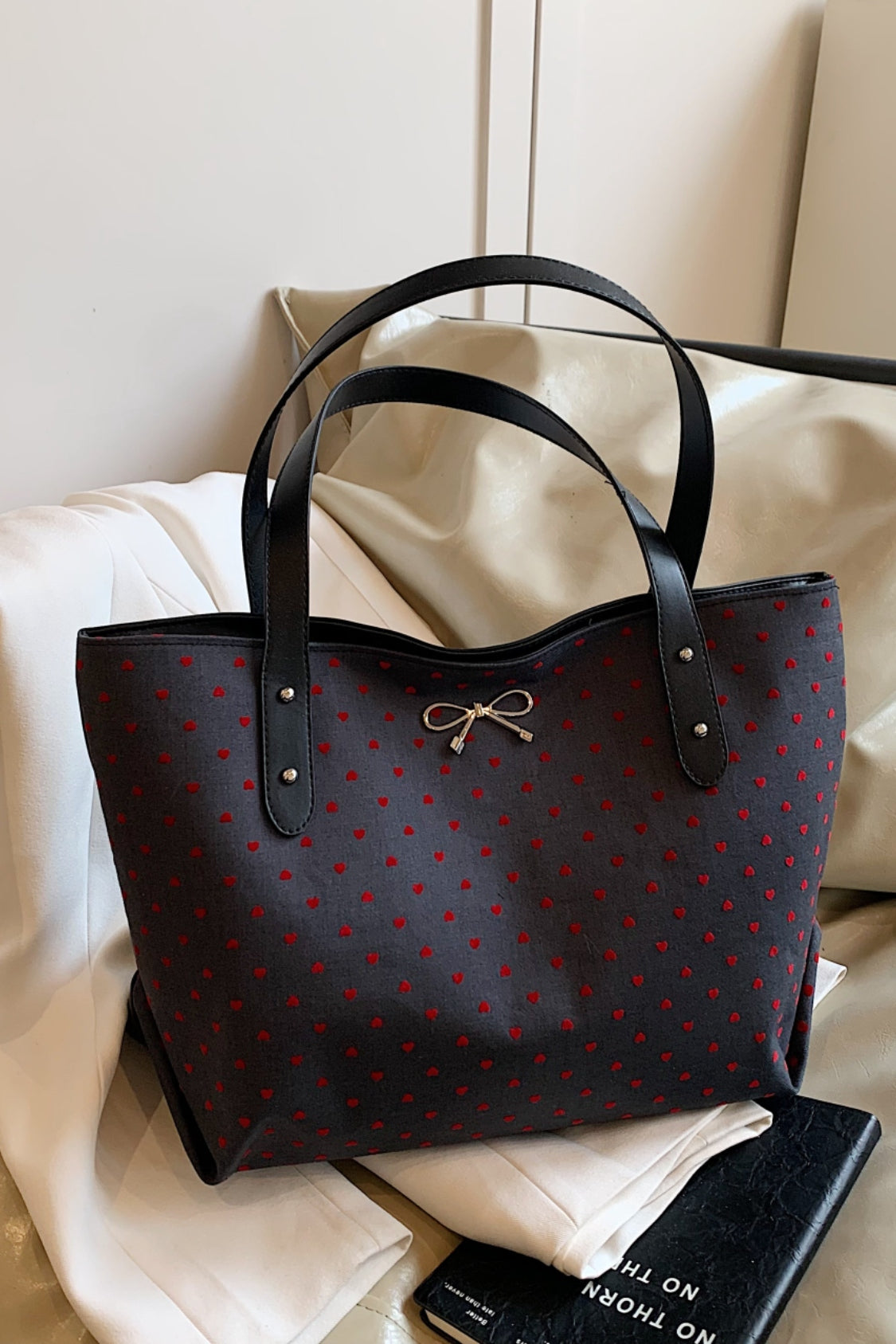 Polyester Bow Polka Dot Tote Bag 
