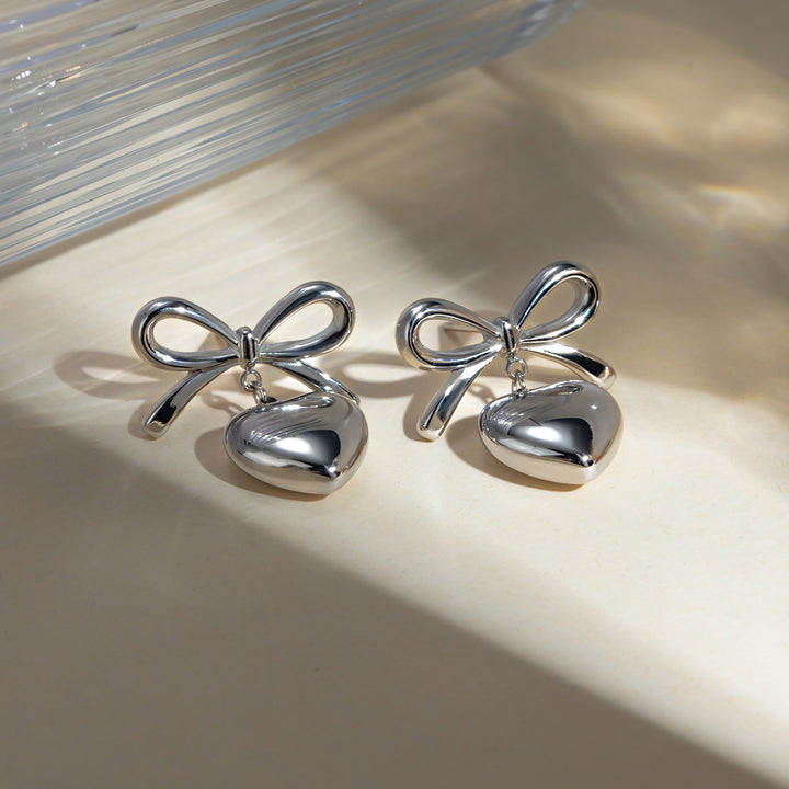 Stainless Steel Bow & Heart Drop Earrings 