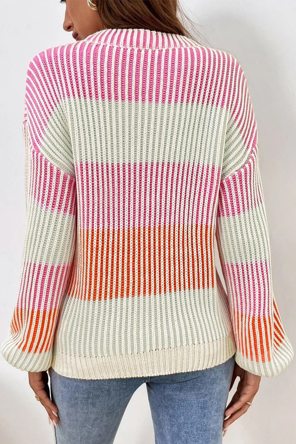 Pink Colorblock Textured Knit Bubble Sleeve Sweater Sweaters & Cardigans/Sweaters