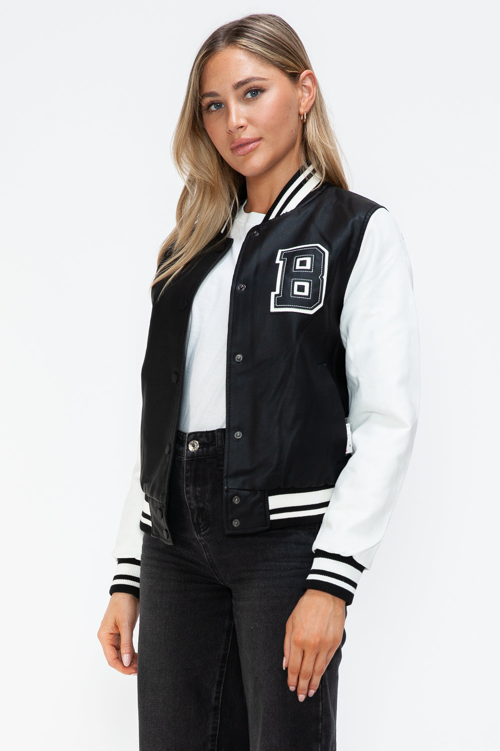 Love Me Now PU Leather Contrast Snap Down Bomber Jacket 