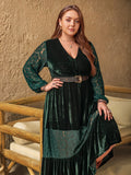 Plus Size Lace Patchwork V-Neck Balloon Sleeve Midi Dress 