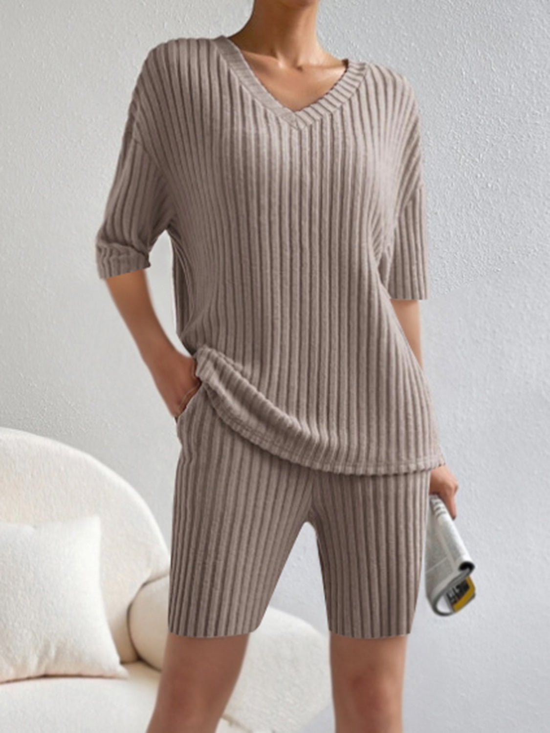 Ribbed V-Neck Top and Shorts Set 