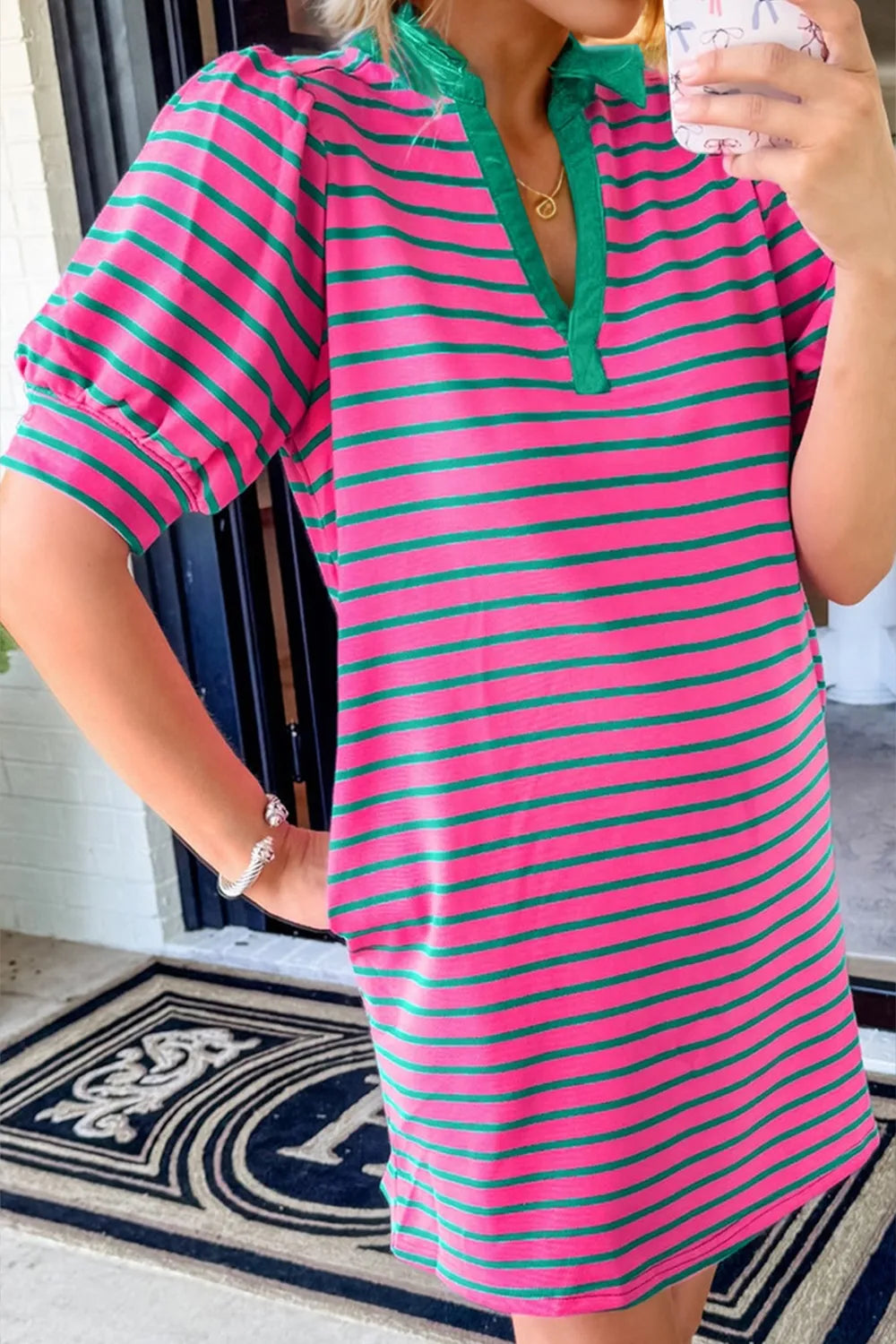 Oh Striped Johnny Collar Puff Sleeve Mini Tee Dress 