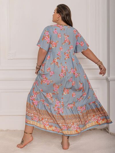 Plus Size Printed Tie Neck Flutter Sleeve Maxi Dress Dresses