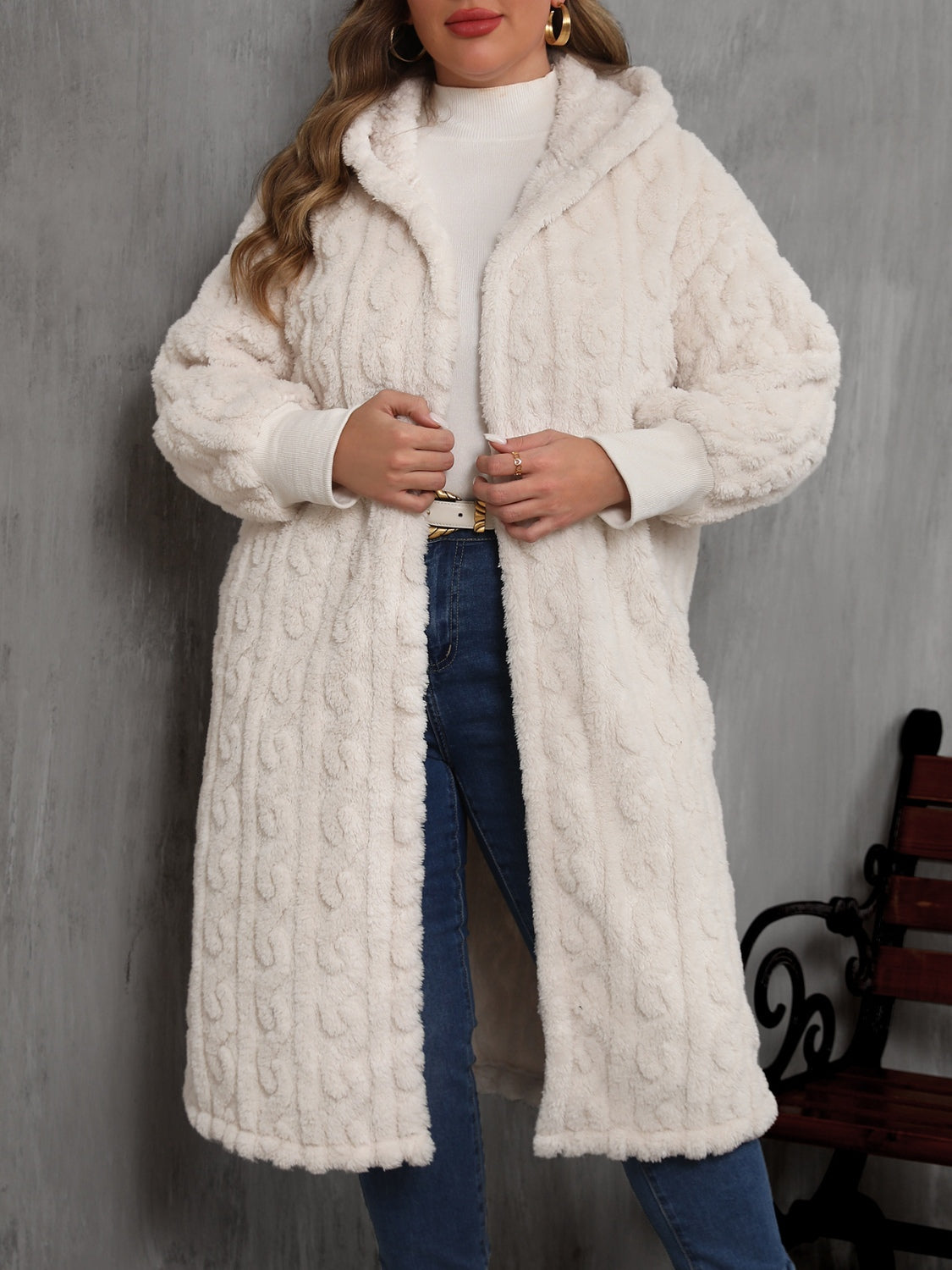 Plus Size Open Front Hooded Plush Coat 