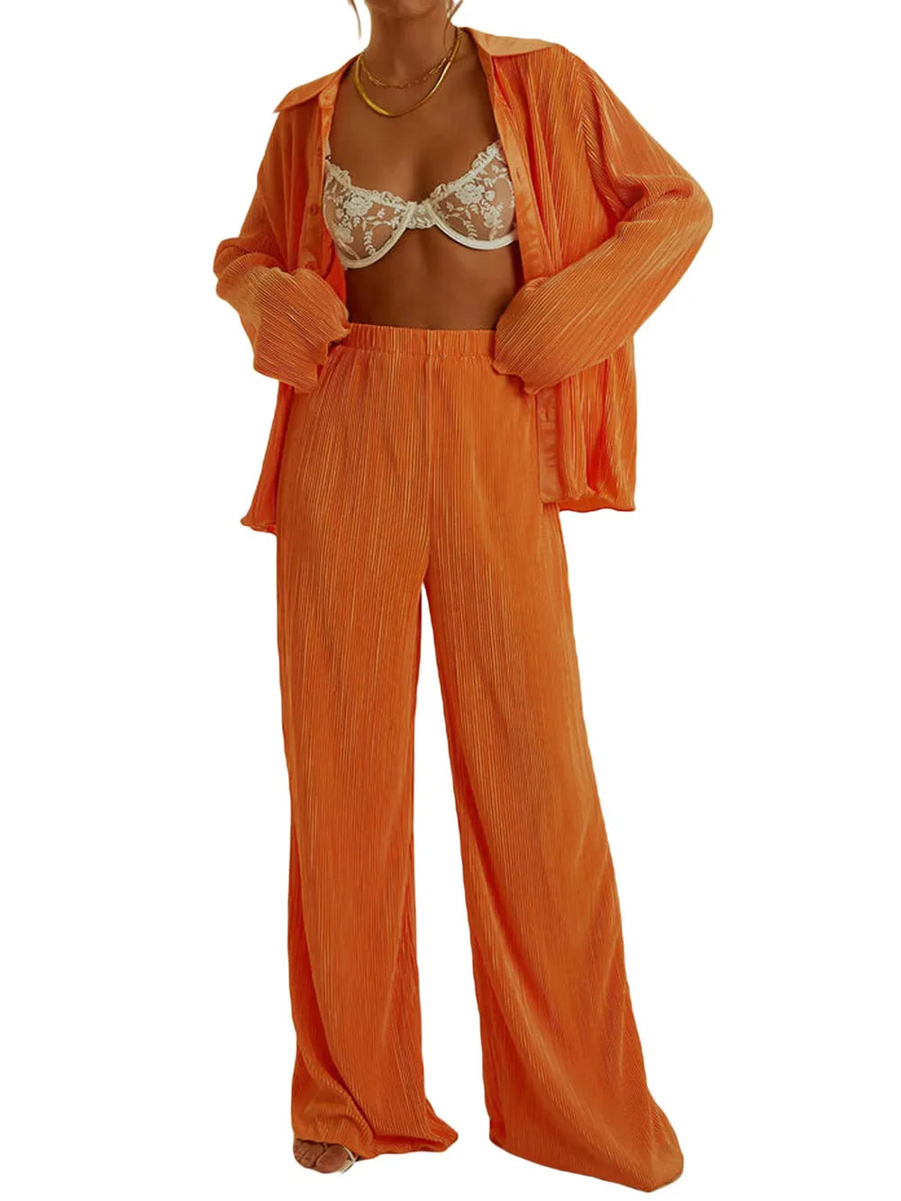 Collared Neck Long Sleeve Top and Pants Lounge Set Lingerie & Nightwear