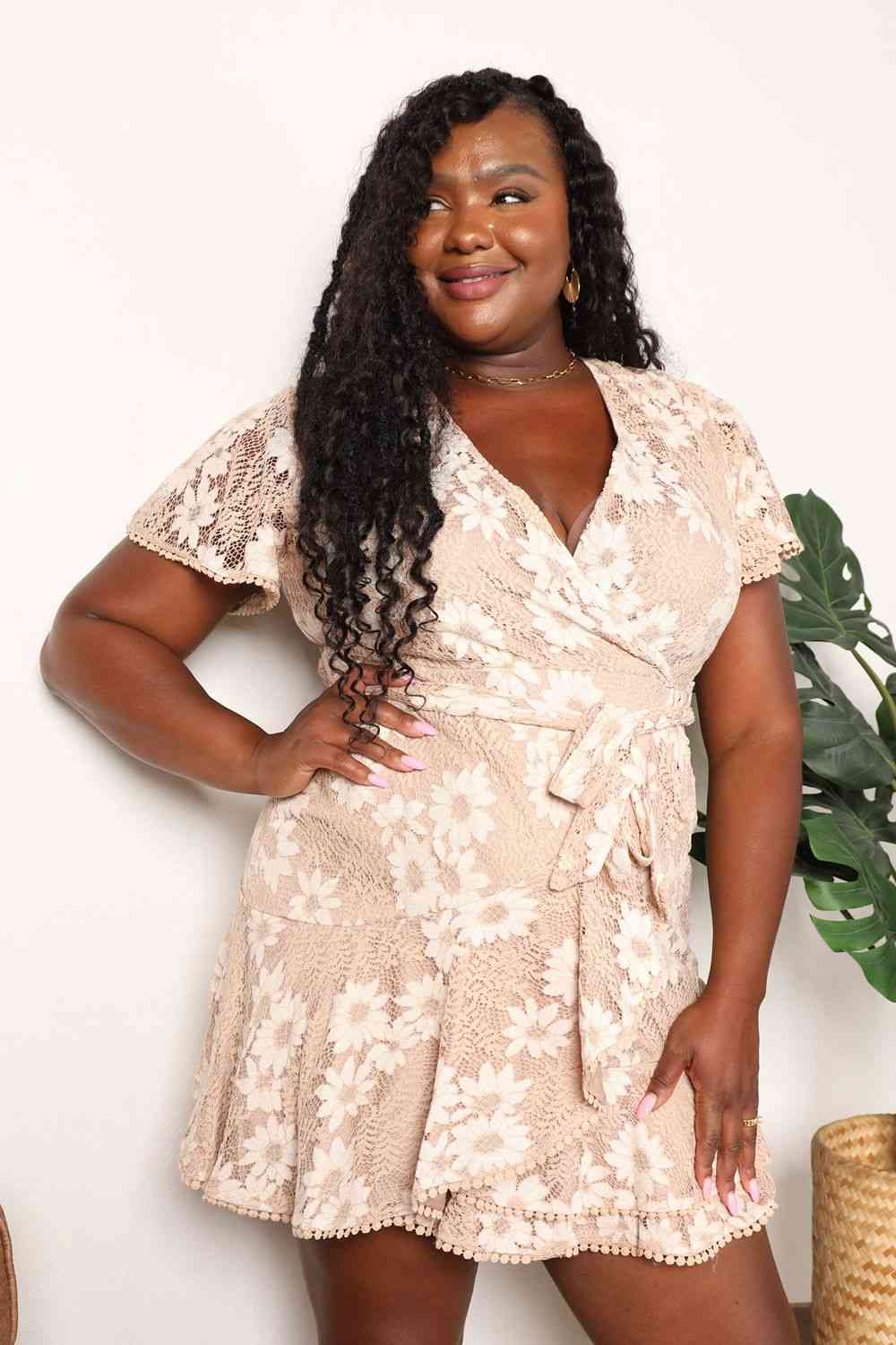 Double Take Floral Lace Pompom Detail Tie-Waist Flutter Sleeve Dress 