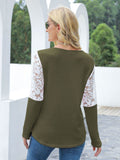 Waffle-Knit Lace Round Neck Long Sleeve T-Shirt 