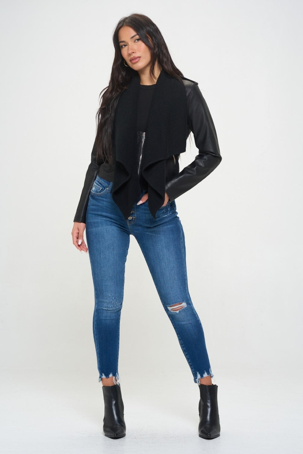 Coalition LA Knit Collared Faux Leather Crop Jacket 