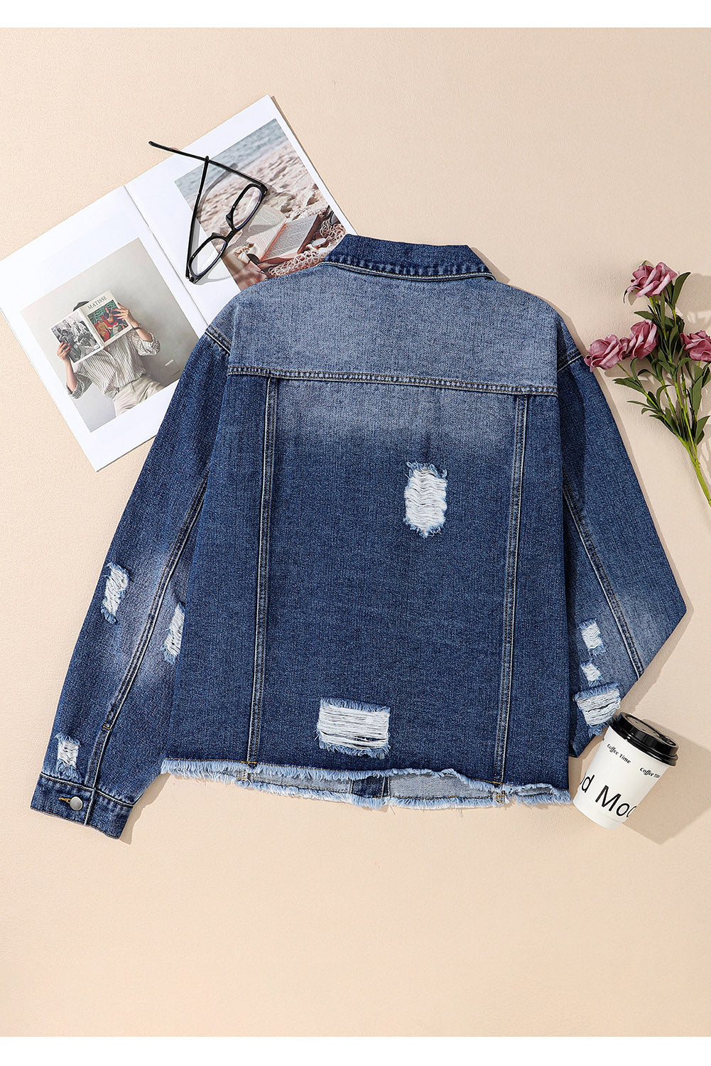 Plus Size Distressed Button Up Raw Hem Denim Jacket 