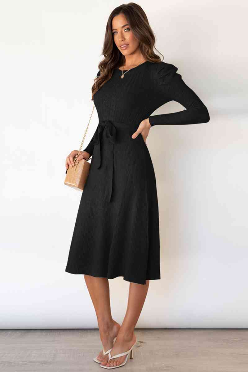 Round Neck Long Sleeve Tie Waist Sweater Dress Dresses
