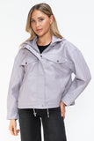 How Dare U Drawstring Hem PU Leather Zip Up Jacket 