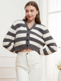 Button Down V-Neck Striped Cardigan 