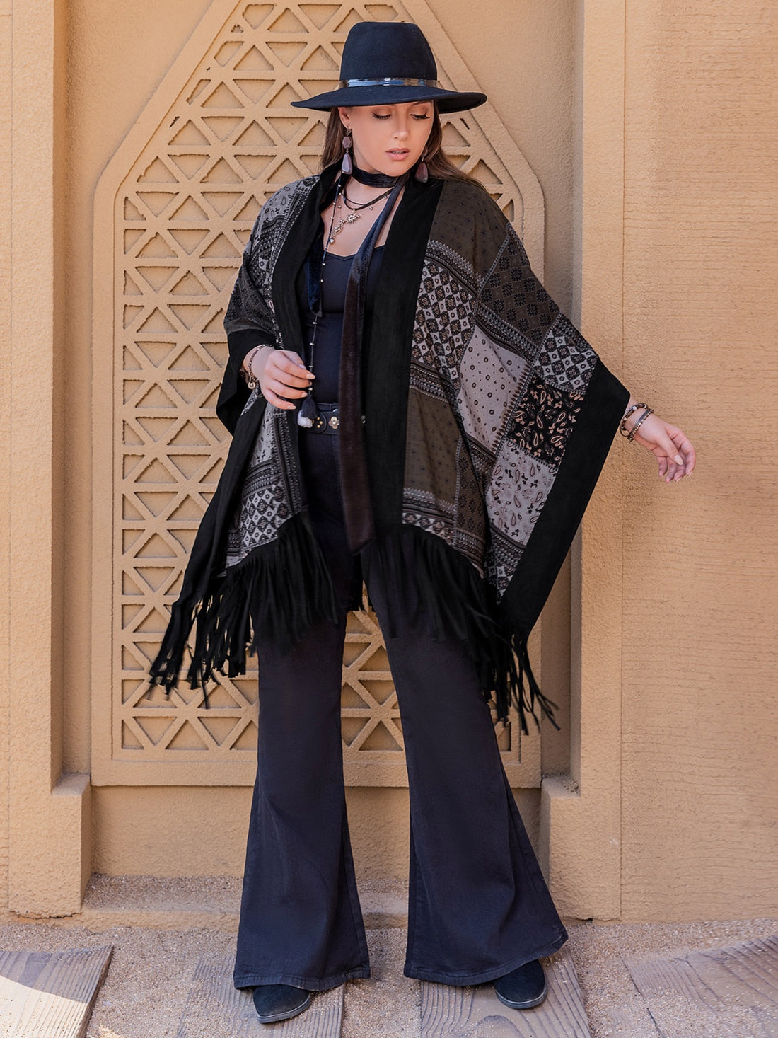 Plus Size Printed Fringe Open Front Outerwear 