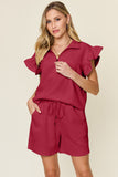 Double Take Full Size Texture Flounce Sleeve Top and Drawstring Shorts Set 