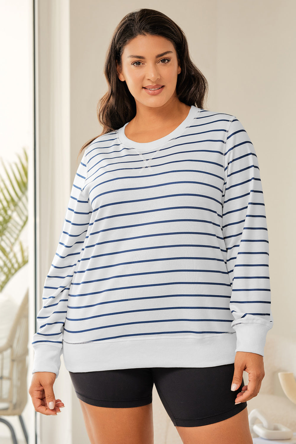 Plus Size Striped Round Neck Long Sleeve T-Shirt 