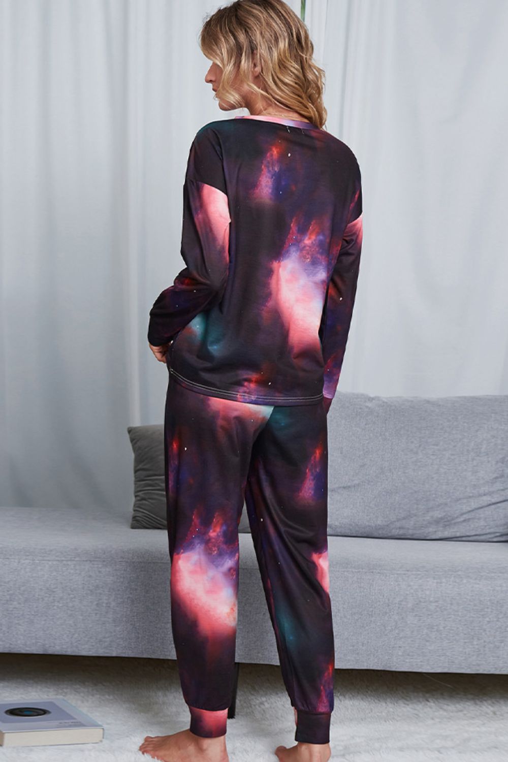 Shiny Tie-Dye Crewneck Top and Drawstring Waist Joggers Lounge Set Lingerie & Nightwear