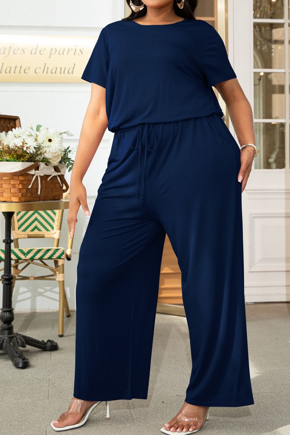 Plus Size Drawstring Waist Short Sleeve Jumpsuit 