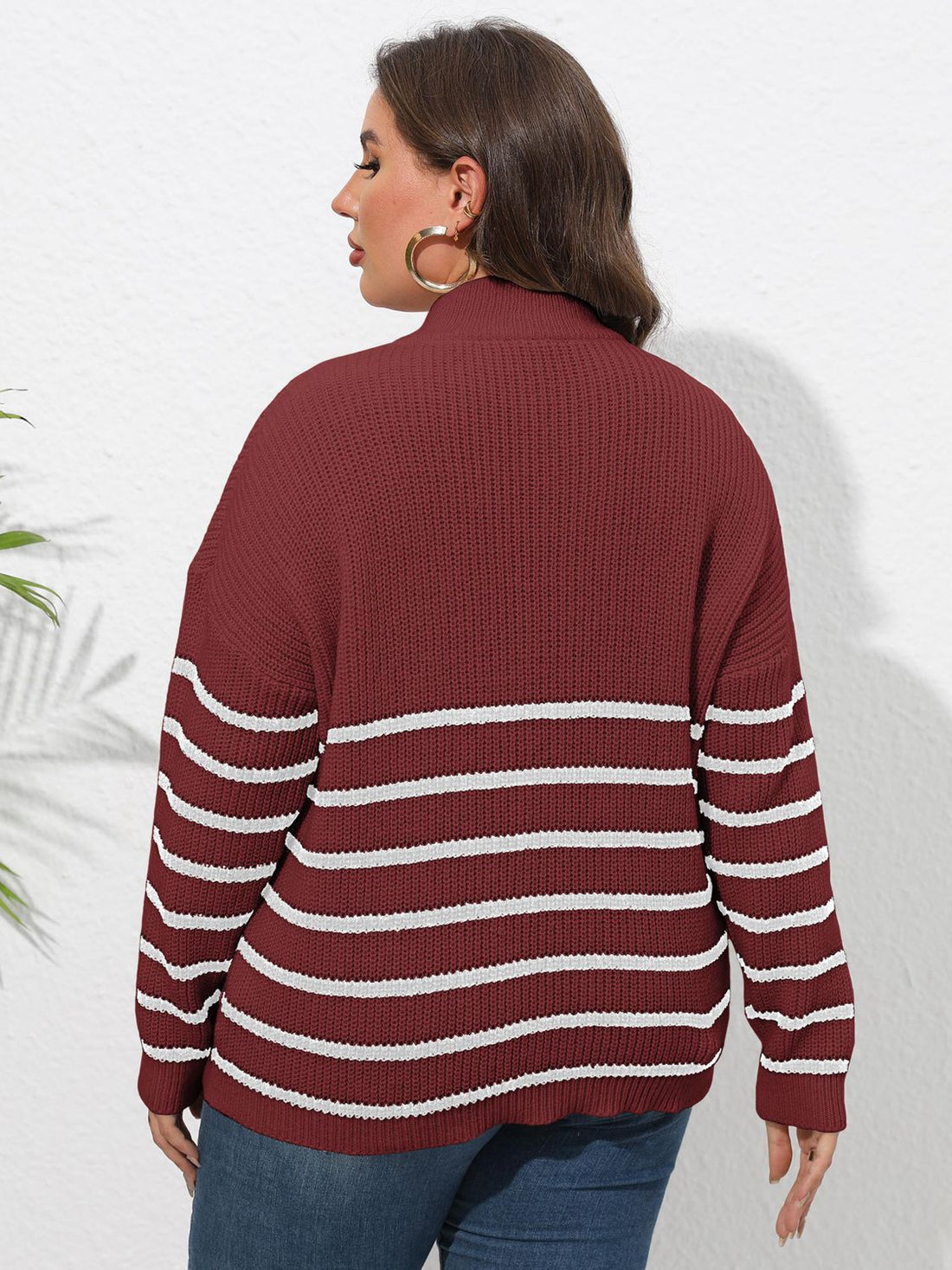 Plus Size Zip-Up Striped Sweater 