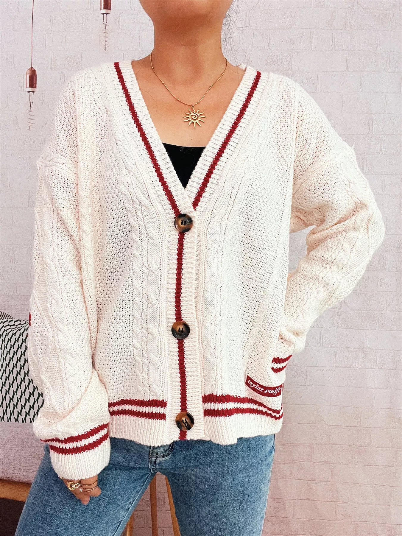 Star Pattern Button-Up Cardigan with Contrast Trim 