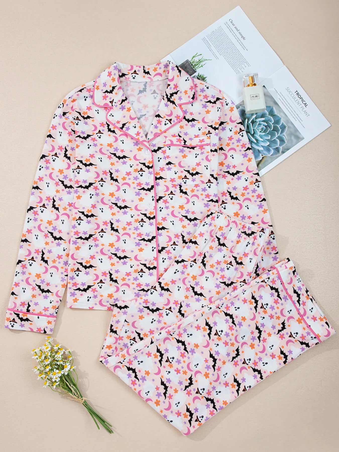 Halloween Ghost Print Button Up Top and Pants Lounge Set Lingerie & Nightwear