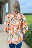 Yellow Abstract Print Drawstring Frilled V Neck 3/4 Sleeve Blouse Tops/Blouses & Shirts