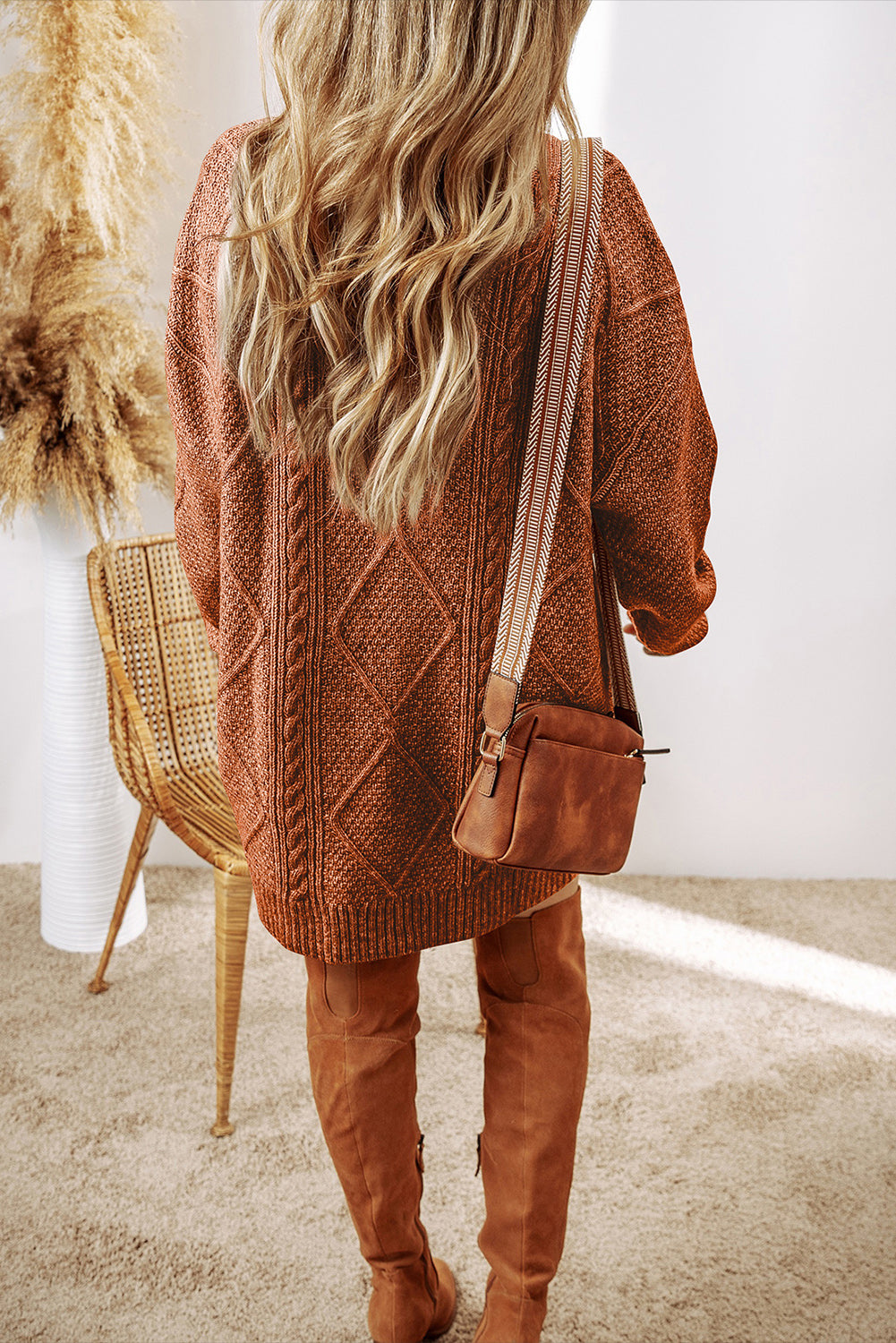 Coffee Cable Knit Drop Shoulder Loose Fit Sweater Dress Sweaters & Cardigans/Sweater Dresses