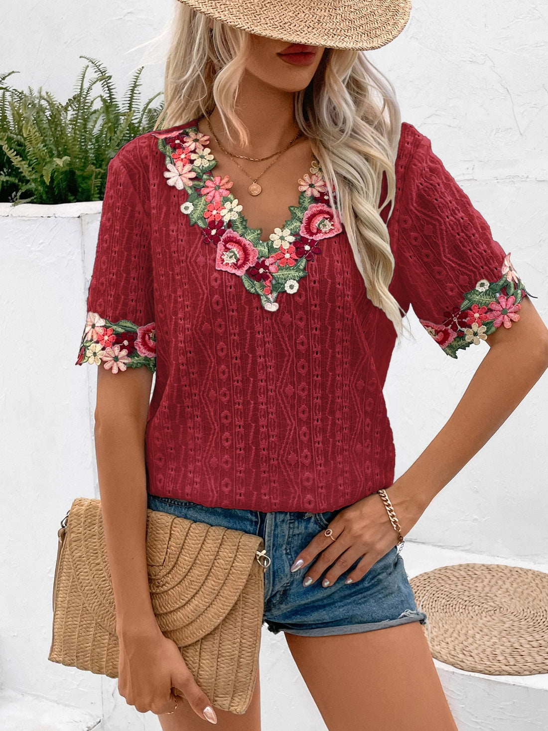 Ivy Lane Eyelet Embroidered V-Neck Short Sleeve Blouse 
