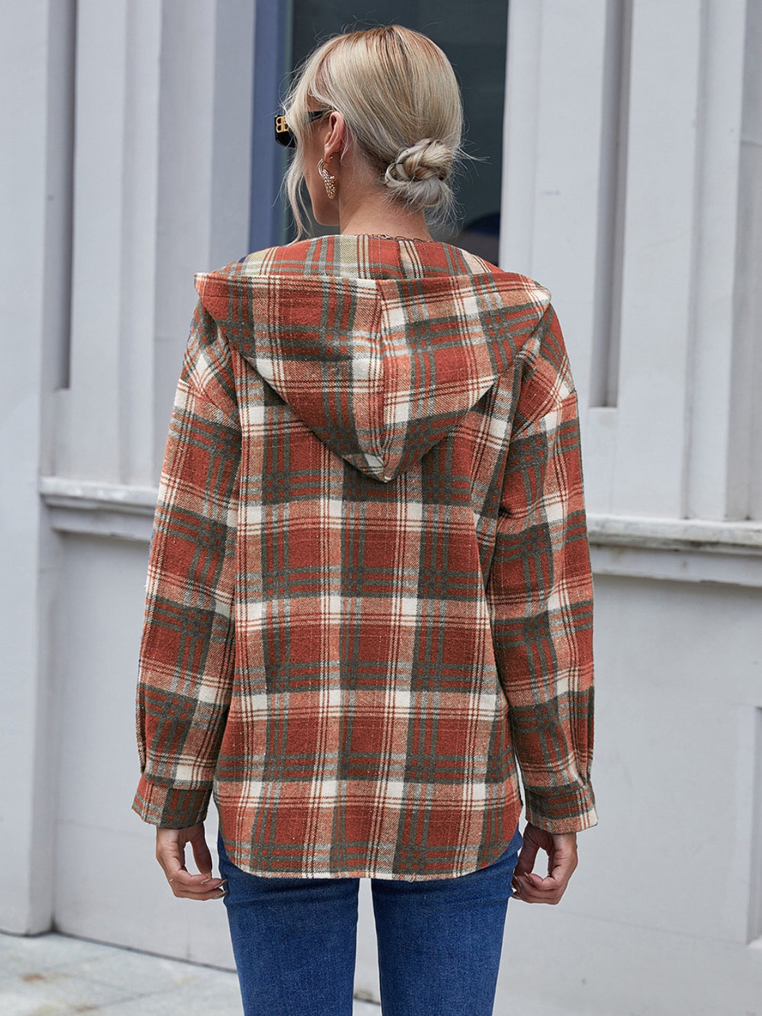 Ivy Lane Plaid Button Up Long Sleeve Hooded Jacket 