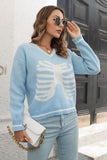 Skeleton Pattern V-Neck Long Sleeve Pullover Sweater 