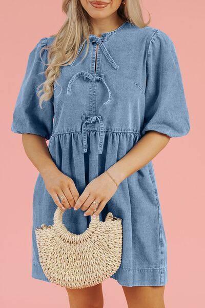 Bowknot Round Neck Half Sleeve Denim Dress Dresses